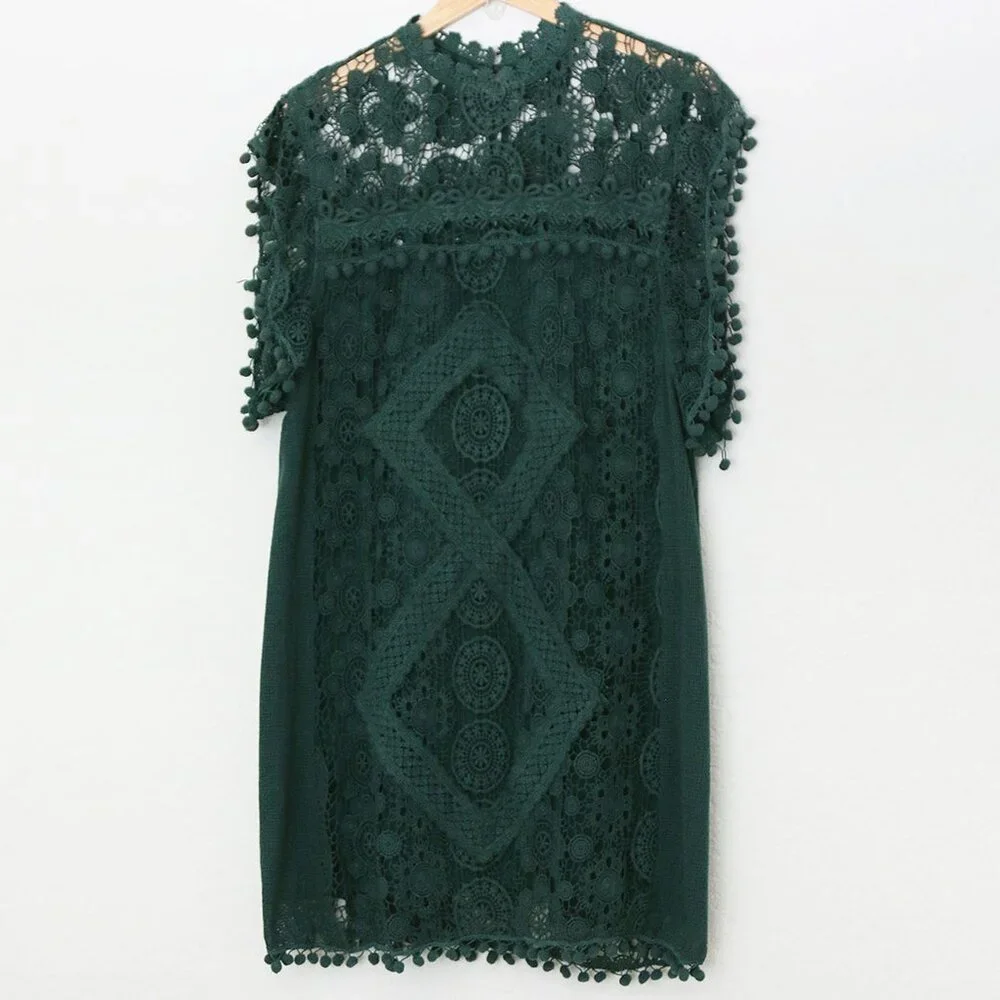 Tularosa Revolve Clayton Tunic Mini Dress L Hunter Green Pom Pom Trim Lace $210 - Picture 6 of 16